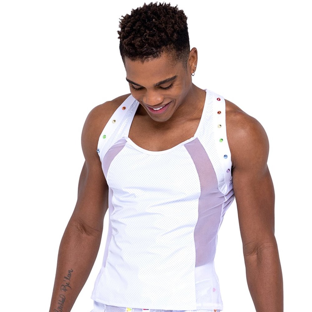 Vinyl and Mesh Tank Top with Rainbow Studs - White